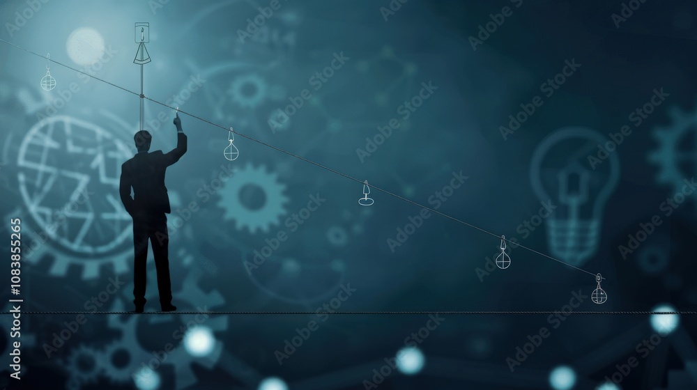 Poster Businessman Analyzing Data Trends with Geometric Shapes and Light Bulbs against a Dark Background Representing Innovation and Growth Concepts