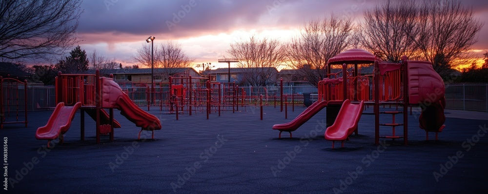 Poster A playground with red slides and structures under a colorful sunset.