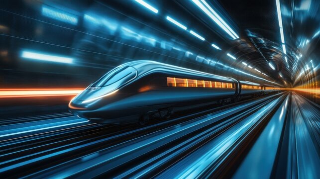 A futuristic high-speed train traveling through a hyperloop tunnel