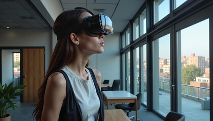 Young woman using virtual reality headset with focused expression in a modern office environment