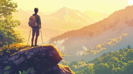 Obraz premium Hiker gazing at majestic mountains during sunrise feeling inspired