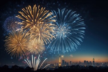 Fototapeta premium Banner Purple Firework celebrate anniversary happy new year 2024, 4th of july holiday festival. Banner Purple firework night time National holiday. Violet firework New year 2025 festival copy space