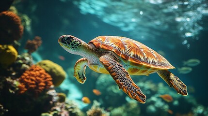 Obraz premium Sea Turtle Swimming in Coral Reef with Colorful Fish