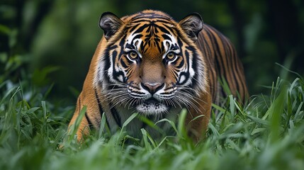 Fototapeta premium Tiger Prowling in Jungle Grass with Focused Amber Eyes