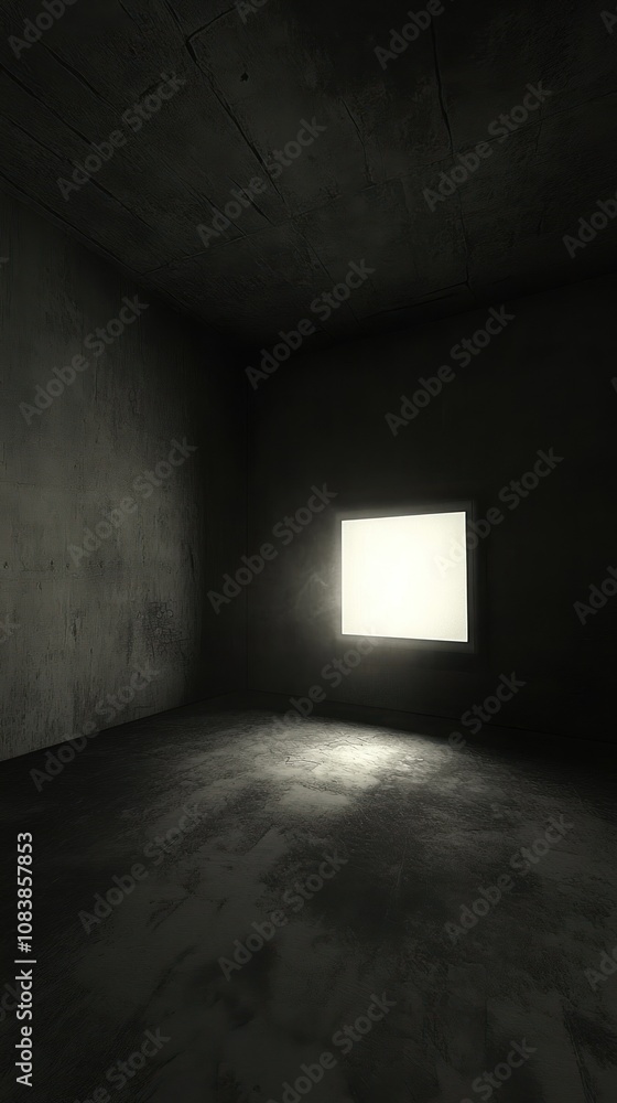 Aufkleber a dimly lit room with a single illuminated window, creating a stark contrast.