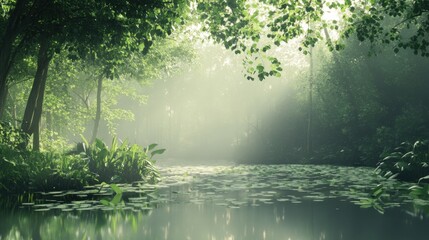 Fototapeta premium Serene forest scene with misty water and lush greenery
