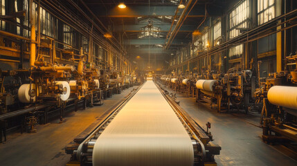 Fototapeta premium Industrial factory with machinery producing paper rolls in large, dimly lit facility