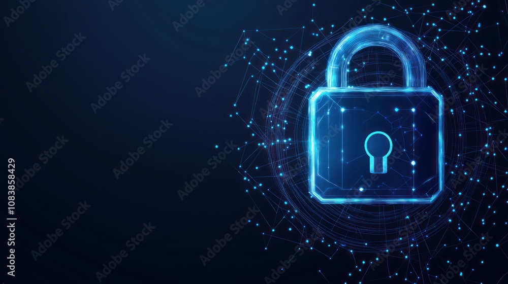 Poster a digital padlock symbolizing cybersecurity and data protection against a tech-inspired background.