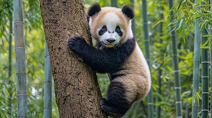 Fototapeta premium Panda Cub Climbing Tree in Bamboo Forest