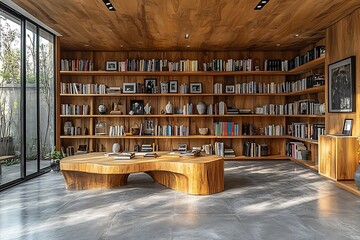 A modern home library with wooden bookshelves and a large table.