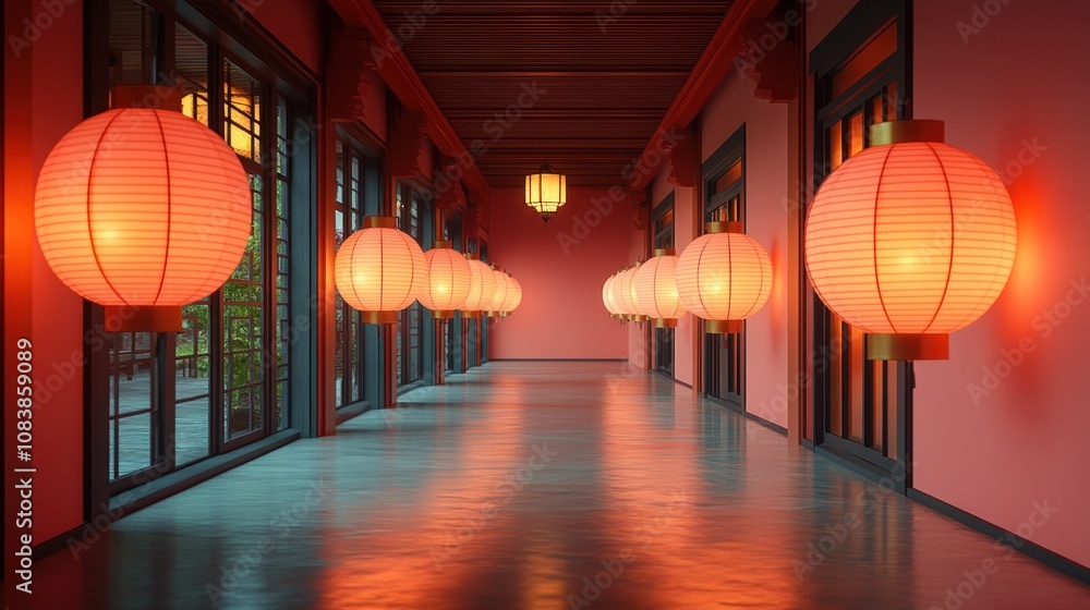Poster serene corridor adorned with glowing lanterns in a tranquil setting.