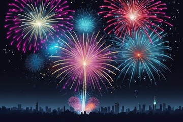 Banner Purple Firework celebrate anniversary happy new year 2024, 4th of july holiday festival. Banner Purple firework night time National holiday. Violet firework New year 2025 festival copy space
