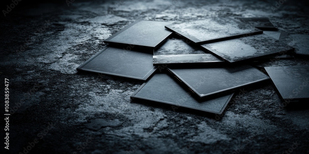 Poster a stack of dark, flat tiles on a textured surface, suggesting a construction or design context.