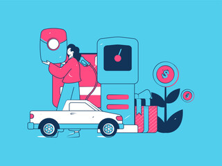 Naklejka premium Vector Internet operation hand-drawn illustration of people getting discounts for refueling their cars 