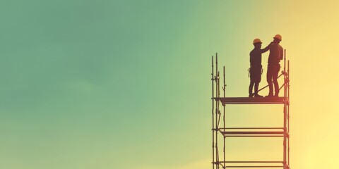 Construction worker helping a colleague climb up scaffolding with a supportive gesture