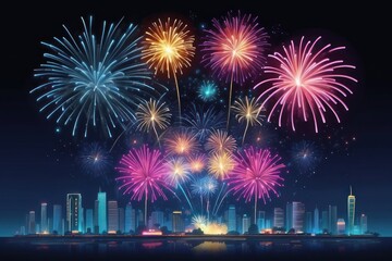Banner Purple Firework celebrate anniversary happy new year 2024, 4th of july holiday festival. Banner Purple firework night time National holiday. Violet firework New year 2025 festival copy space