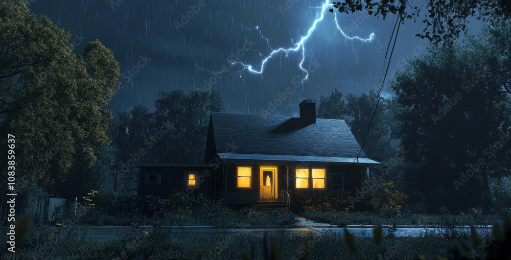 Poster a house is shown in the dark with a storm in the background