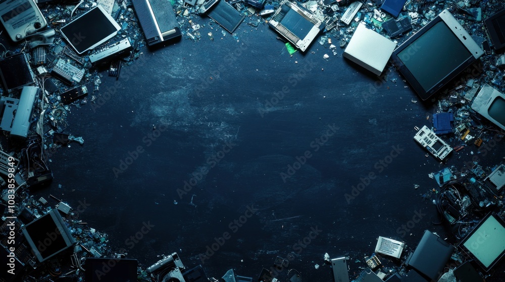Poster a collection of discarded electronic devices surrounding an empty space for message or design.