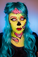 Portrait of model wearing zombie makeup in pop art style