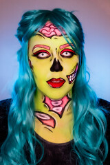 Portrait of model wearing zombie makeup in pop art style