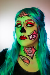 Portrait of model wearing zombie makeup in pop art style