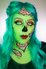 Portrait of model wearing zombie makeup in pop art style