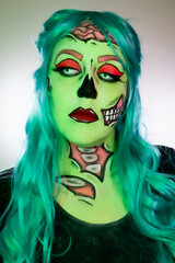 Portrait of model wearing zombie makeup in pop art style
