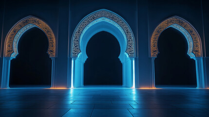 Fototapeta premium A beautifully lit interior showcasing intricate Islamic architecture with detailed arches, glowing patterns, and reflective blue tones on the floor. 