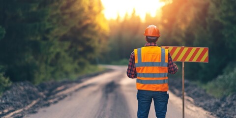 Construction worker in reflective vest holding up a warning sign on a closed road
