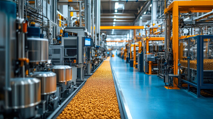 Naklejka premium Modern food processing plant with automated machinery and conveyor belts in operation