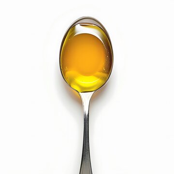 Spoon of cooking oil on white background