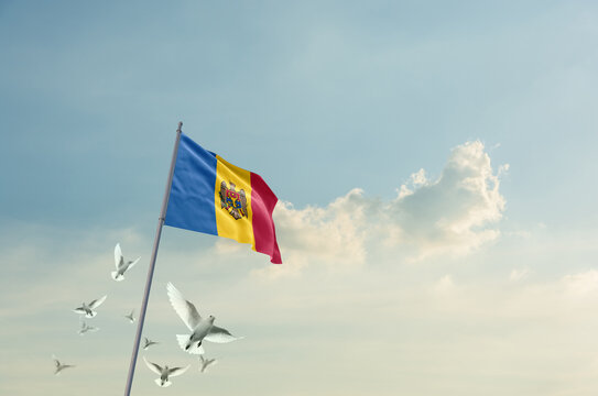 Moldova flag waving with flying doves in beautiful sky. Moldova flag for Republic Day and Independence Day. - Powered by Adobe