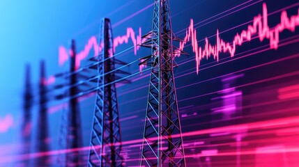 Abstract double exposure of financial dynamics with electric power lines and city skyline, illustrating market fluctuations and energy pulse