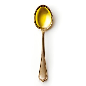 Spoon of cooking oil on white background