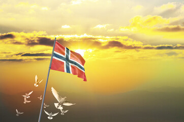 Norway flag waving with flying doves in beautiful sky. Norway flag for Republic Day and...