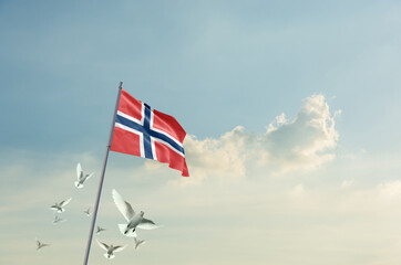 Fototapeta premium Norway flag waving with flying doves in beautiful sky. Norway flag for Republic Day and Independence Day.