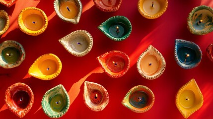 Fototapeta premium Clay Diya lamps are lit during Diwali, the Hindu festival of lights. These colorful traditional oil lamps are placed on a red background to create a festive atmosphere. 