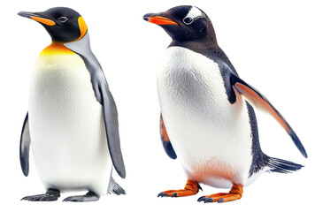 Obraz premium King Penguin and Gentoo Penguin Antarctic Wildlife Bird Pair Closeup Isolated on White on transparent background