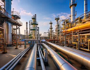 A vast industrial complex with towering tanks, pipes, and machinery under a bright blue sky
