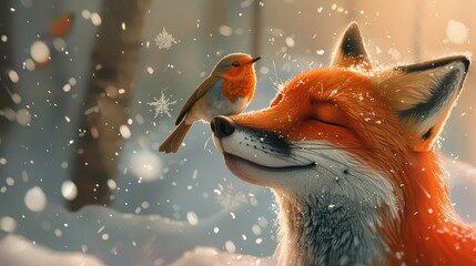 A red fox with closed eyes and an orange robin bird perched on its nose