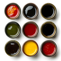 A vibrant arrangement of ten small bowls filled with colorful sauces, showcasing an enticing selection of flavors and textures.