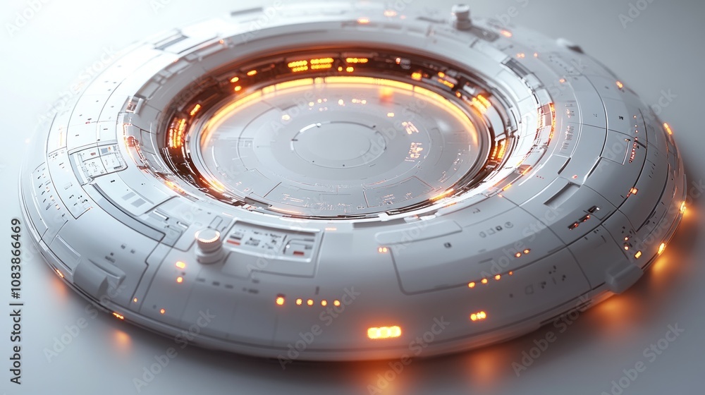 Poster futuristic circular device with glowing elements and intricate design.