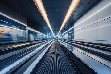 Obraz premium Dynamic Perspective of a Modern Airport Walkway with Blurred Motion and Futuristic Elements Capturing a Sense of Speed and Movement in Transportation Design