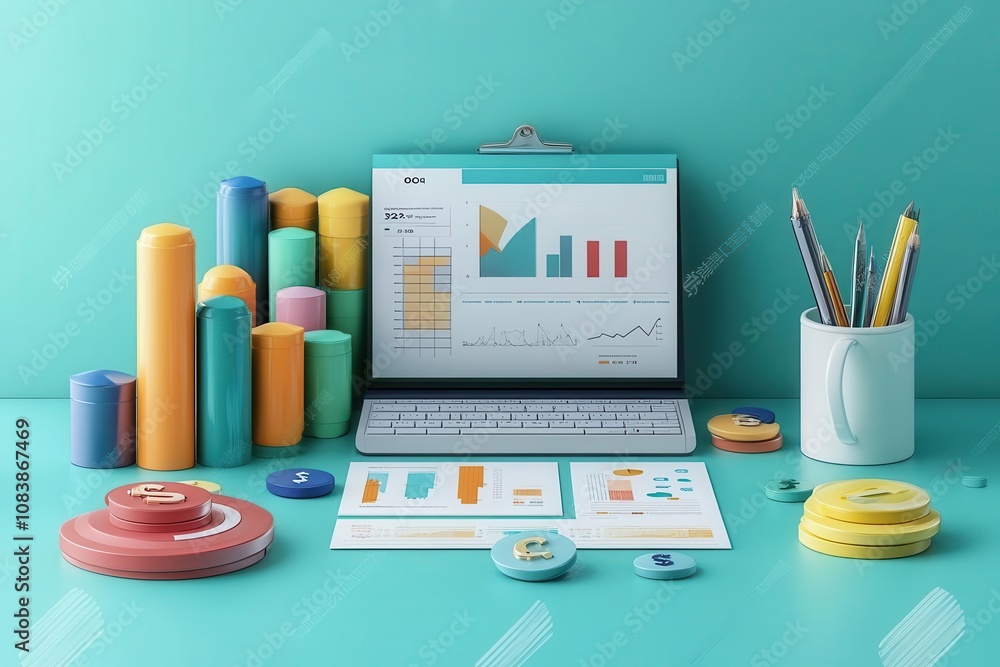 Poster a colorful workspace featuring a laptop displaying graphs, with stationery and organizational tools 