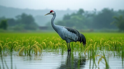 Obraz premium Crane in Flooded Rice Field Under Cloudy Sky