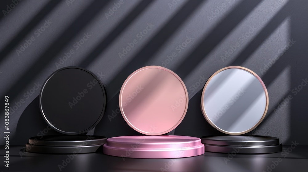 Poster minimalist product display with circular platforms and shadow patterns