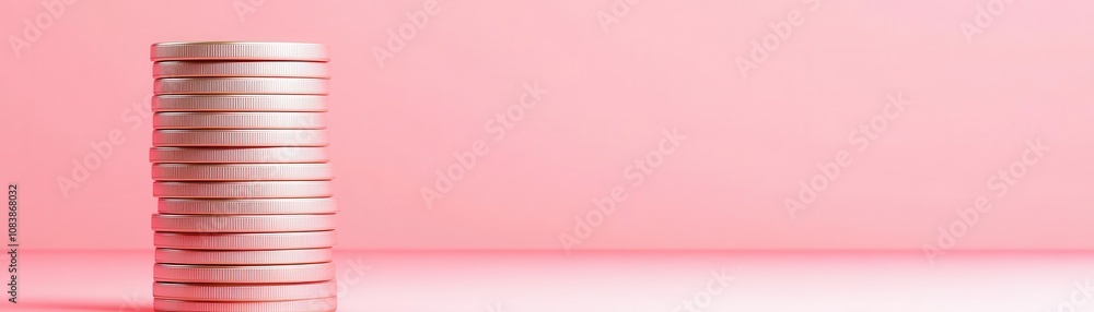Poster a stack of shiny coins rests against a soft pink background, emphasizing themes of wealth and financ