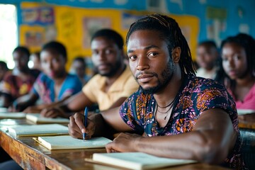 diverse group adults various ages participates literacy class focused writing and learning while instructor offers assistance foster skills and confidence.