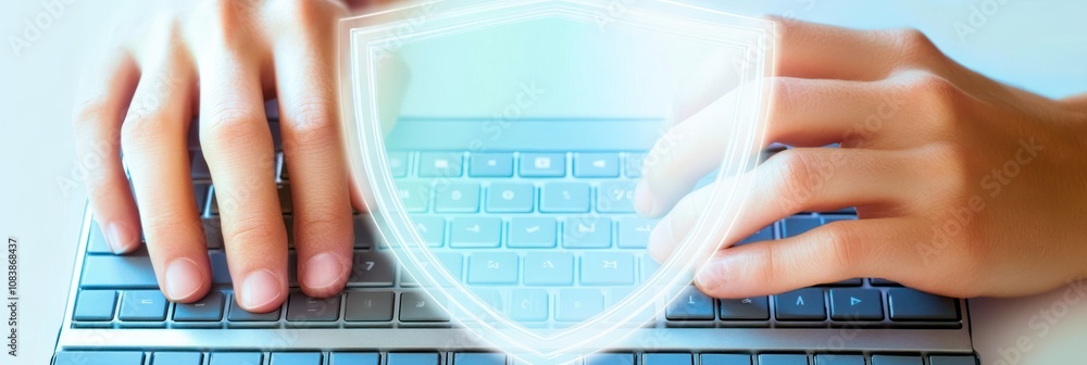 Poster hands typing on a keyboard with a digital shield overlay, symbolizing cybersecurity.