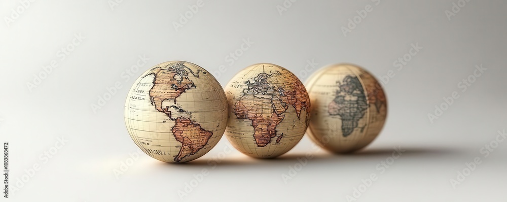 Poster three distinct globes display intricate maps of the world, emphasizing geographic diversity and cart